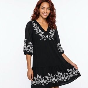 Tribal Black Dress with White Leaf Embroidery